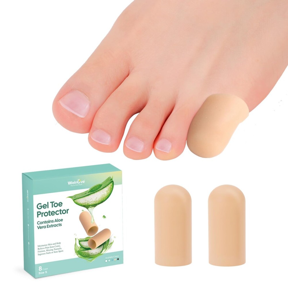 Welnove Gel Toe Cap and Protector - Silicone Toe Covers - Toe Cushions for Pain Relief, Missing or Ingrown Toenails, Corns, Calluses, Blisters (8 Small, Beige)