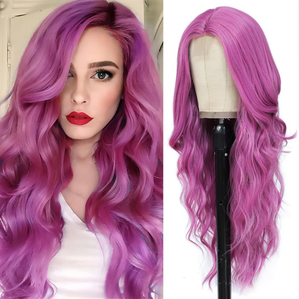 Long Purple Wig for Women 26Inch Wavy Curly Hair Wigs Synthetic Hair Replacement Wig Heat Resistant Hair Wig for Daily Party Use(26\'\' Purple)
