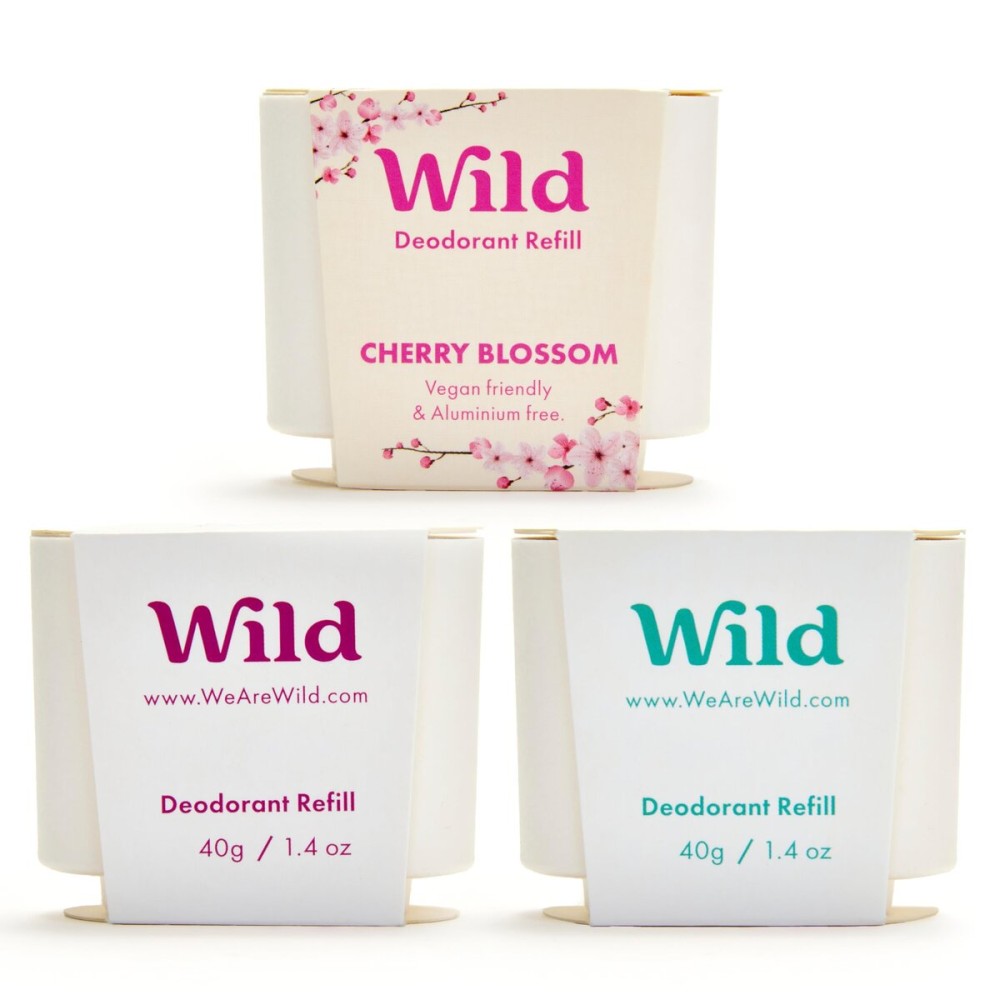 Wild - Refillable Deodorant Variety Pack - Aluminum Free - Scents Include Fresh Cotton & Sea Salt, Cherry Blossom and Coconut & Vanilla - Long Lasting Protection
