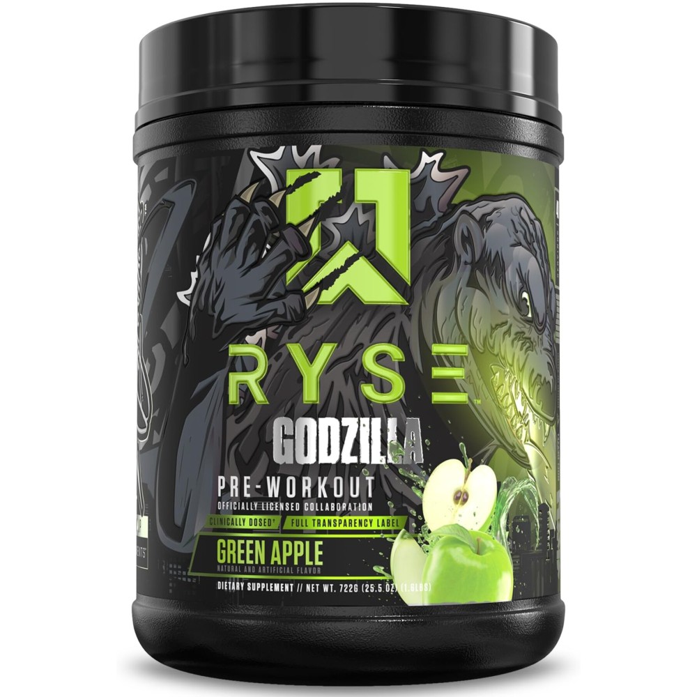 RYSE Godzilla X Noel Deyzel Pre Workout Powder - Green Apple - 400mg Caffeine, High Stim Pre-Workout for Men & Women with Citrulline & Beta Alanine - Energy, Pump & Focus - 20/40 Servings
