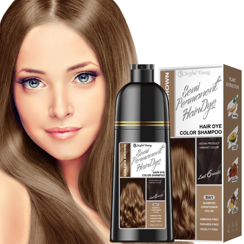 Joyful Young Natural Color Hair Dye Shampoo 3 IN 1, Instant Hair Coloring, Gray Coverage for Men & Women, Beard Dye Vegan Ammonia Free & Paraben-Free, Champ Para Canas Mujer & Hombre (GOLDEN BROWN)