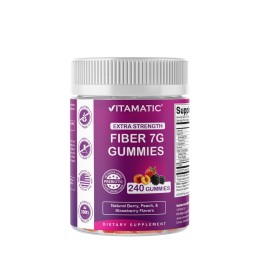 Vitamatic Prebiotic Fiber Gummies for Adults, 7G Extra Strength, Zero Sugar Added, 240 Pectin Based Gummies, Digestive Health & Regularity Support