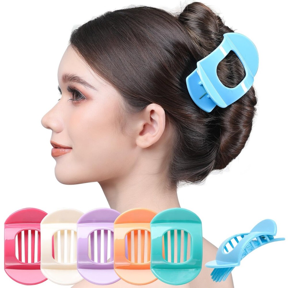 RC ROCHE 6 Pcs Flat Claw Hair Clips for Women Thick Hair French Round Duckbill Square Secure Strong Hold Grip Clamps Barrettes Curved No Slip No Crease Plastic Styling Cute, Medium Pastel