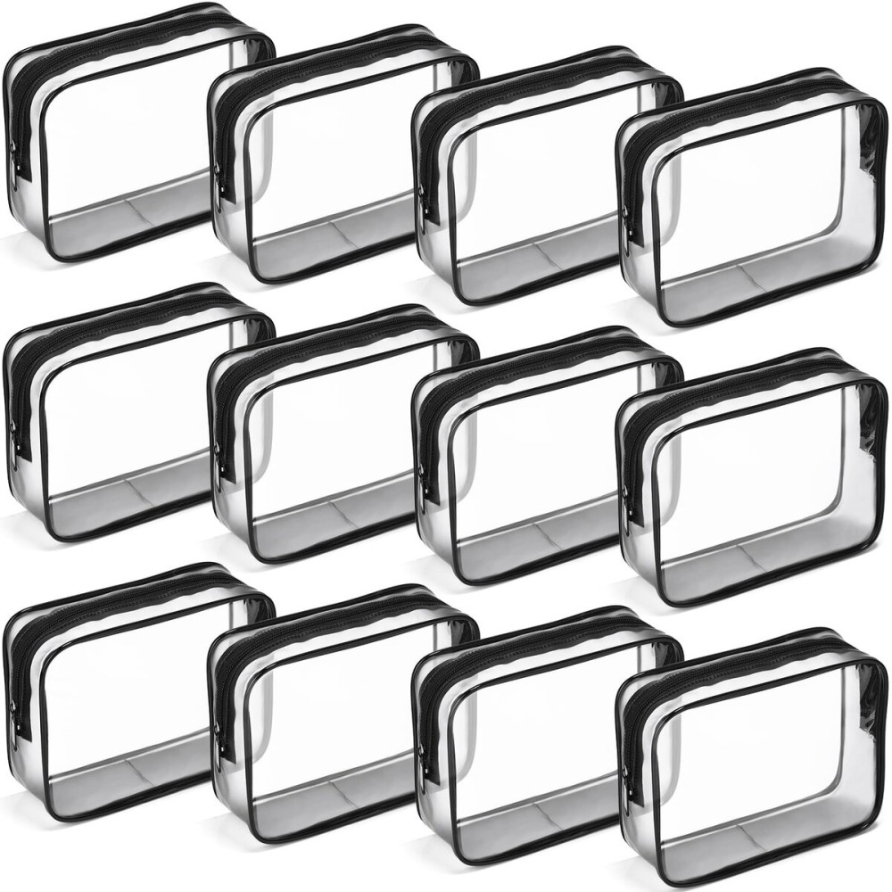 Weewooday 12 Pieces Clear Makeup Bags Cosmetic Storage Bags PVC Zipper Pouches Travel Waterproof Makeup Plastic Case for Women Organizing Toiletries Traveling Bathroom(Medium,Dark Black)