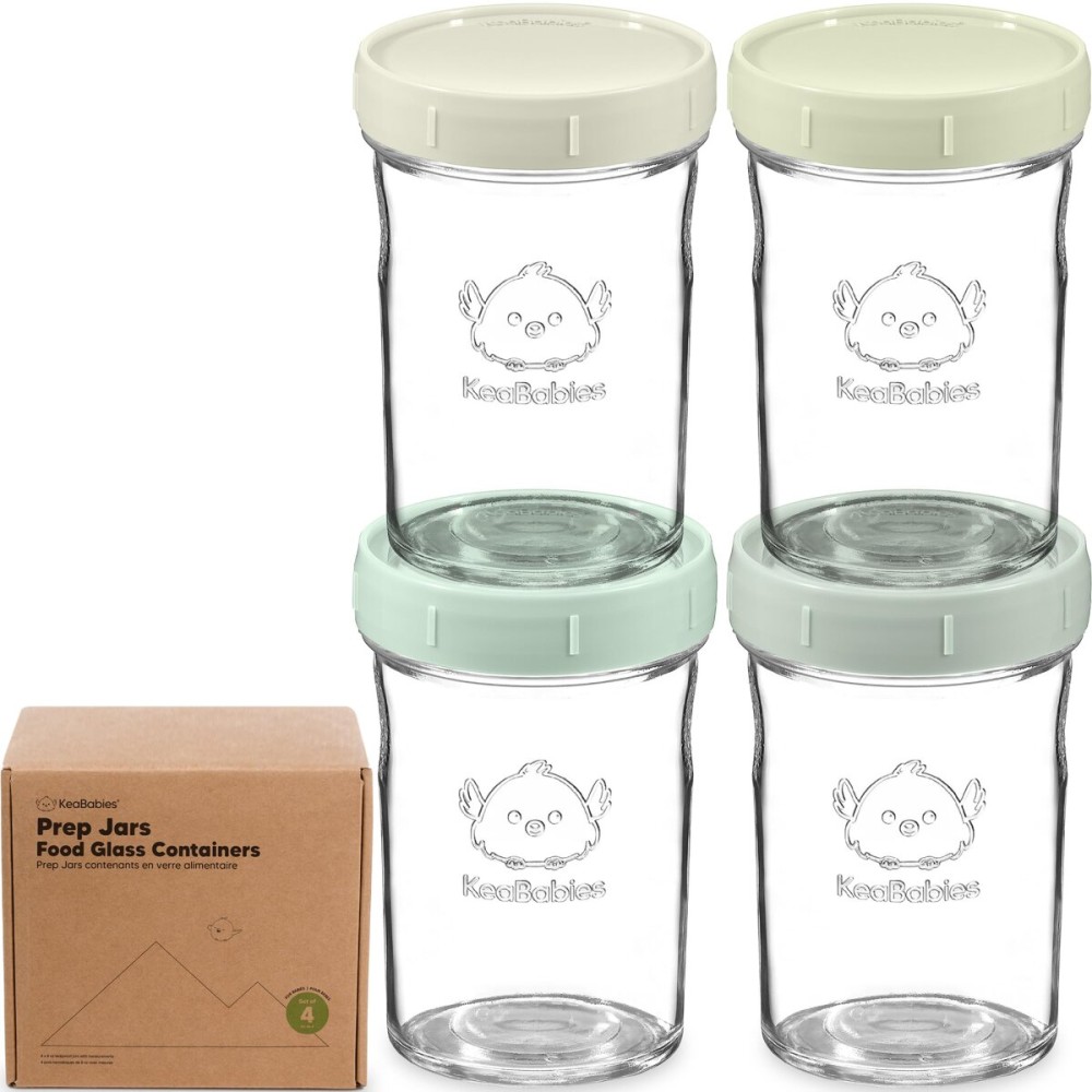 KeaBabies 4pk 8oz Glass Baby Food Containers with Lids - Leak-Proof, Microwavable Small Glass Jars, Baby Purees & Toddler Snack Storage Containers, BPA-Free, Dishwasher & Freezer Safe (Sage)