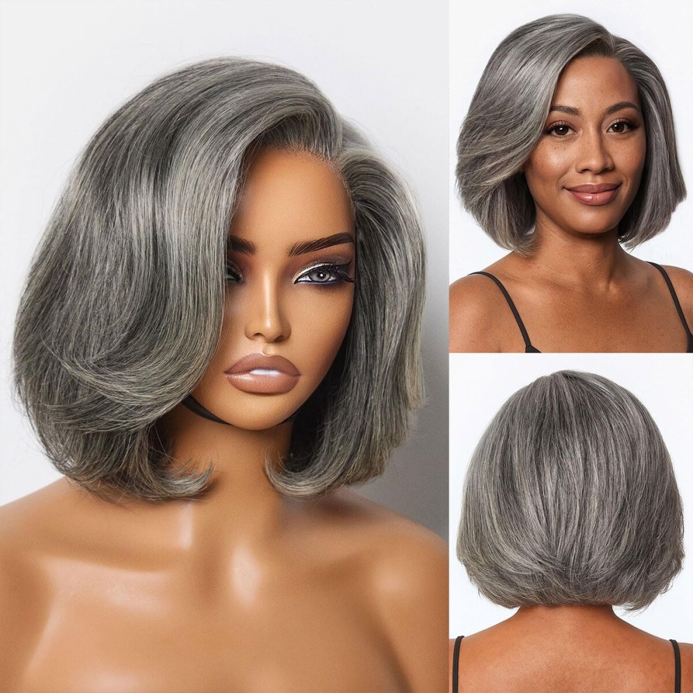 LUVME HAIR 10 Inch Blonde Highlight Bob Human Hair Wig with Bangs Glueless HD Lace Bang Wig True Scalp Ready to Go Silky Straight Highlight Human Hair Short Wig with Bangs (Breathable Cap)