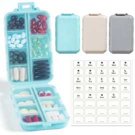 3 Pack, 14 GRIDS Travel Pill Organizer Box with Labels - Travel Medicine Case Kit - Pocket Daily Pharmacy Container - Travel Medication Holder Dispenser for Fish Oil Vitamin Supplement Storage