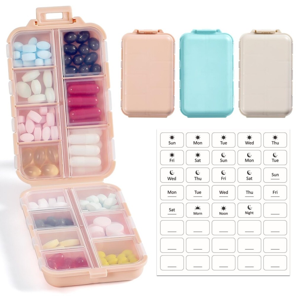 3 Pack, 14 GRIDS Travel Pill Organizer Box with Labels - Travel Medicine Case Kit - Pocket Daily Pharmacy Container - Travel Medication Holder Dispenser for Fish Oil Vitamin Supplement Storage