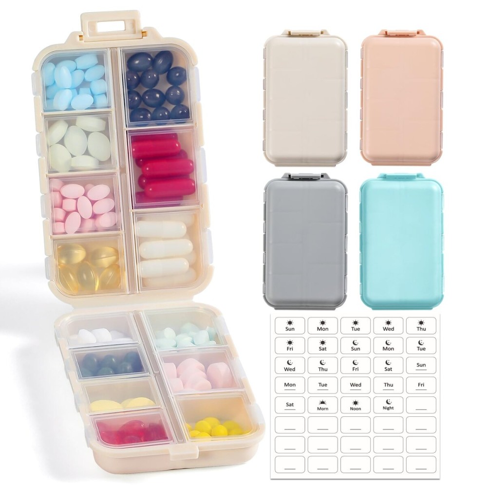 4 Pack, 14 GRIDS Travel Pill Organizer Box with Labels - Travel Medicine Case Kit - Pocket Daily Pharmacy Container - Travel Medication Holder Dispenser for Fish Oil Vitamin Supplement Storage