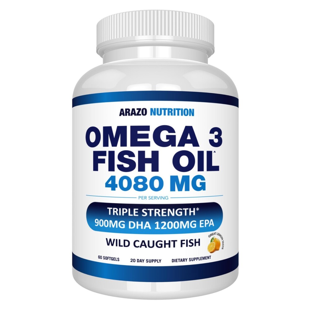 Arazo Nutrition Wild Caught Omega 3 Fish Oil - 60 Soft Gels - 4,080mg High EPA 1200mg DHA 900mg Lemon Flavor Burpless Softgels