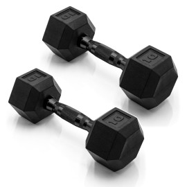 CAP Barbell 10 LB Rubber Coated Hex Dumbbell Hand Weight - Pair | Black Handle