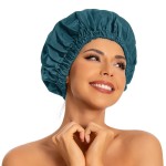 Reusable Shower Cap for Women, Large Waterproof Shower Essentials Bonnet Washable Elastic Band Bath Hair Wrap Hat for Long Hair, Braids(Blue Zircon)