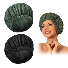 Reusable Shower Cap for Women, Large Waterproof Shower Bonnet Washable Elastic Band Bath Accessories Hair Hat for Long Hair, Braids(Black&Green)