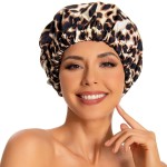 Reusable Shower Cap for Women, Large Waterproof Shower Essentials Bonnet Washable Elastic Band Bath Hair Wrap Hat for Long Hair, Braids(Leopard)