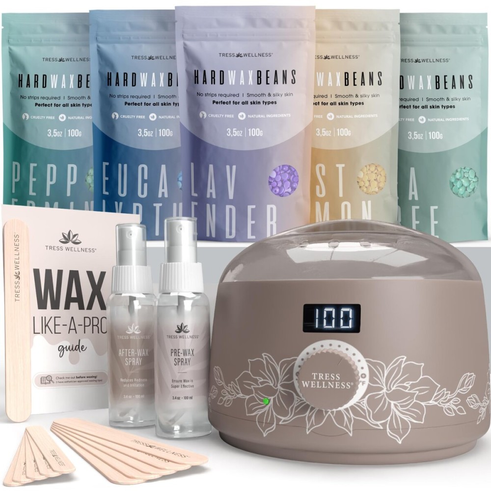 Tress Wellness Waxing Kit for Sensitive Skin - Safe for Face & Skin, Prep & Aftercare Spray, Easy to Use - At-Home Kit for Face, Bikini, Brazilian & Full Body - Digital Display, Dusty Chocolate