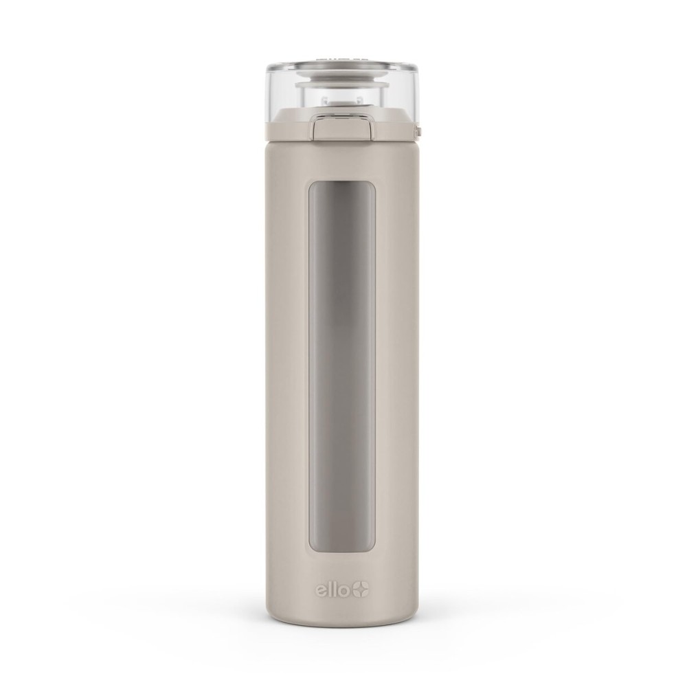 Ello Syndicate 20oz Reusable Glass Water Bottle with One-Touch Leak Proof Flip Lid, Protective Non-Slip Silicone Sleeve, Carry Loop for Coffee, Tea and Water, BPA-free, Dishwasher Safe, Sand