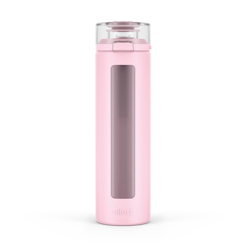 Ello Syndicate 20oz Reusable Glass Water Bottle with One-Touch Leak Proof Flip Lid, Protective Non-Slip Silicone Sleeve, Carry Loop for Coffee, Tea and Water, BPA-free, Dishwasher Safe, Cashmere Pink