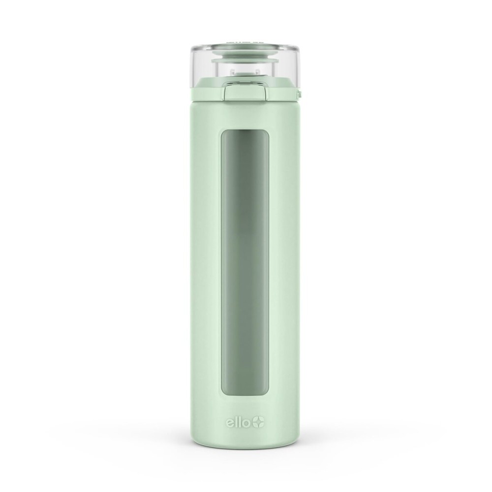 Ello Syndicate 20oz Reusable Glass Water Bottle with One-Touch Leak Proof Flip Lid, Protective Non-Slip Silicone Sleeve, Carry Loop for Coffee, Tea and Water, BPA-free, Dishwasher Safe, Sage