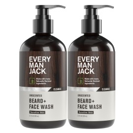 Every Man Jack Unscented Beard + Face Wash - Fragrance Free for Sensitive Skin - Naturally Cleanse and Condition Your Beard and Skin - 6.7-ounce (2 pack)