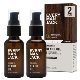 Every Man Jack Unscented Beard Oil for Men - Fragrance Free for Sensitive Skin - Naturally Moisturizes and Softens Beard w/Shea Butter & Argan Oil - 1 fl oz (2 pack)