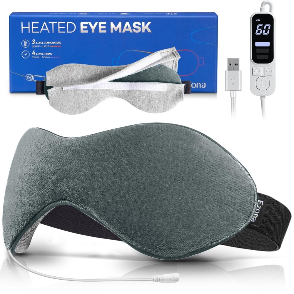 Ezona Heated Eye Mask, Warm Eye Compress Mask for Dry Eyes, USB Electric Eye Heating Pad with Temperature & Timer Control, Dry Eye Mask for Blepharitis, Sinus Migraine (Gray)
