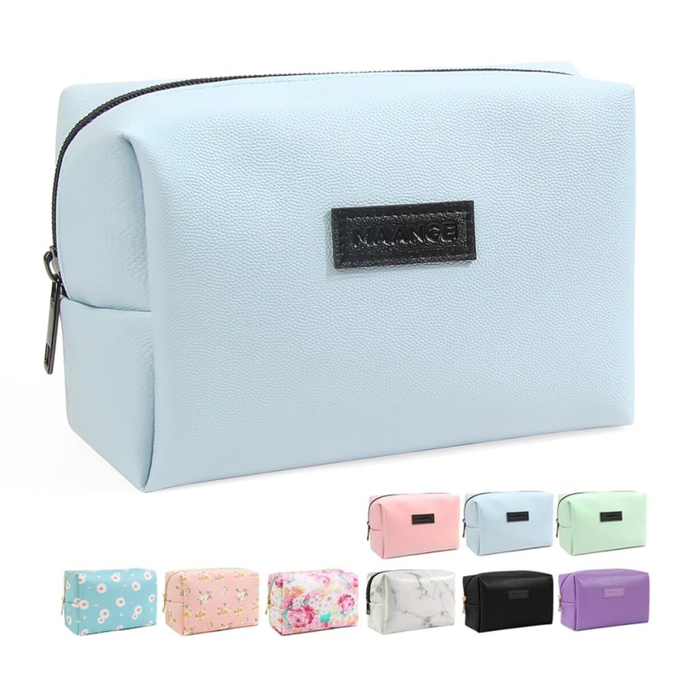 MAANGE Small Makeup Bag, Travel Cosmetic Bag Make Up Bag for Purse Makeup Pouch PU Leather Portable Versatile Zipper Pouch For Women (White)