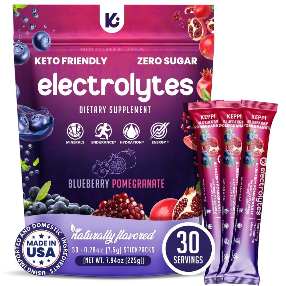Keppi Electrolytes Powder Packets - Blueberry Pomegranate 30 Servings - No Sugar Hydration Supplement with Potassium, Magnesium, Sodium - Keto, Vegan, Fasting-Friendly, Zero Calorie Hydration Packets