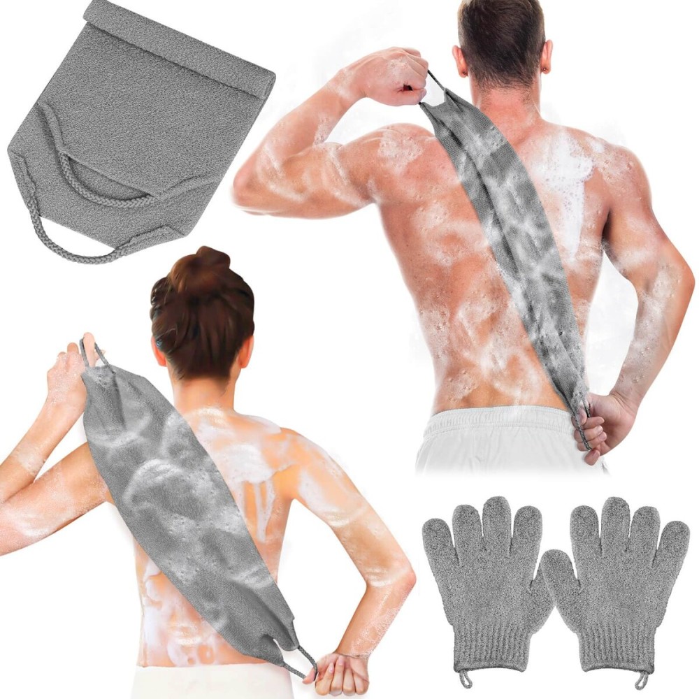 Anezus Exfoliating Back Scrubber Bath Gloves Set, Exfoliating Shower Towel with Shower Gloves for Body Scrub, Back Cleaner Wash Gloves to Remove Dead Skin (Grey)
