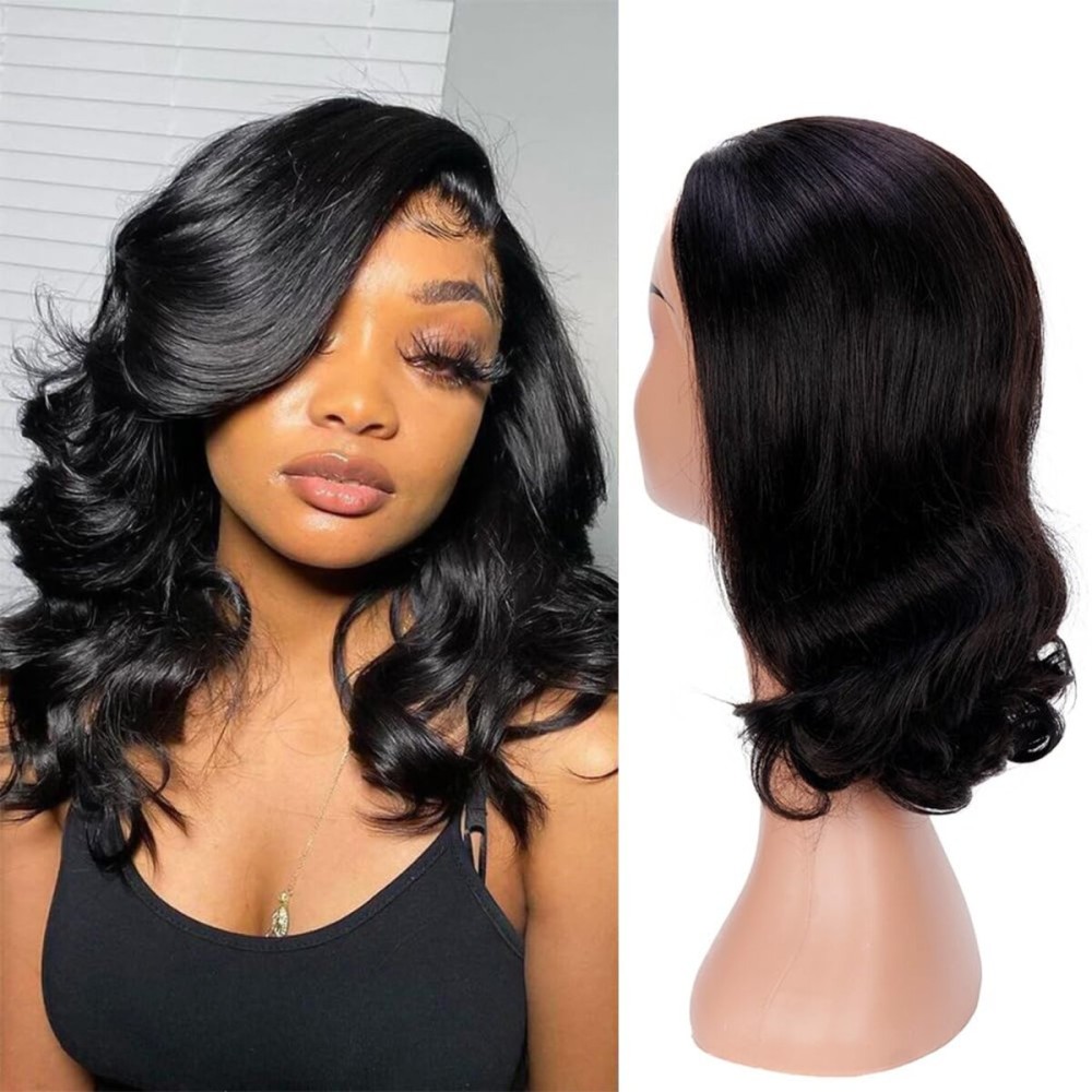 14 Inch Bob Wig Human Hair Body Wave 13x4 HD Transparent Lace Frontal Bob Wigs Free Part 180% Density Loose Wavy Bob Wig Lace Front Wigs Human Hair for Black Women Glueless Natural Black