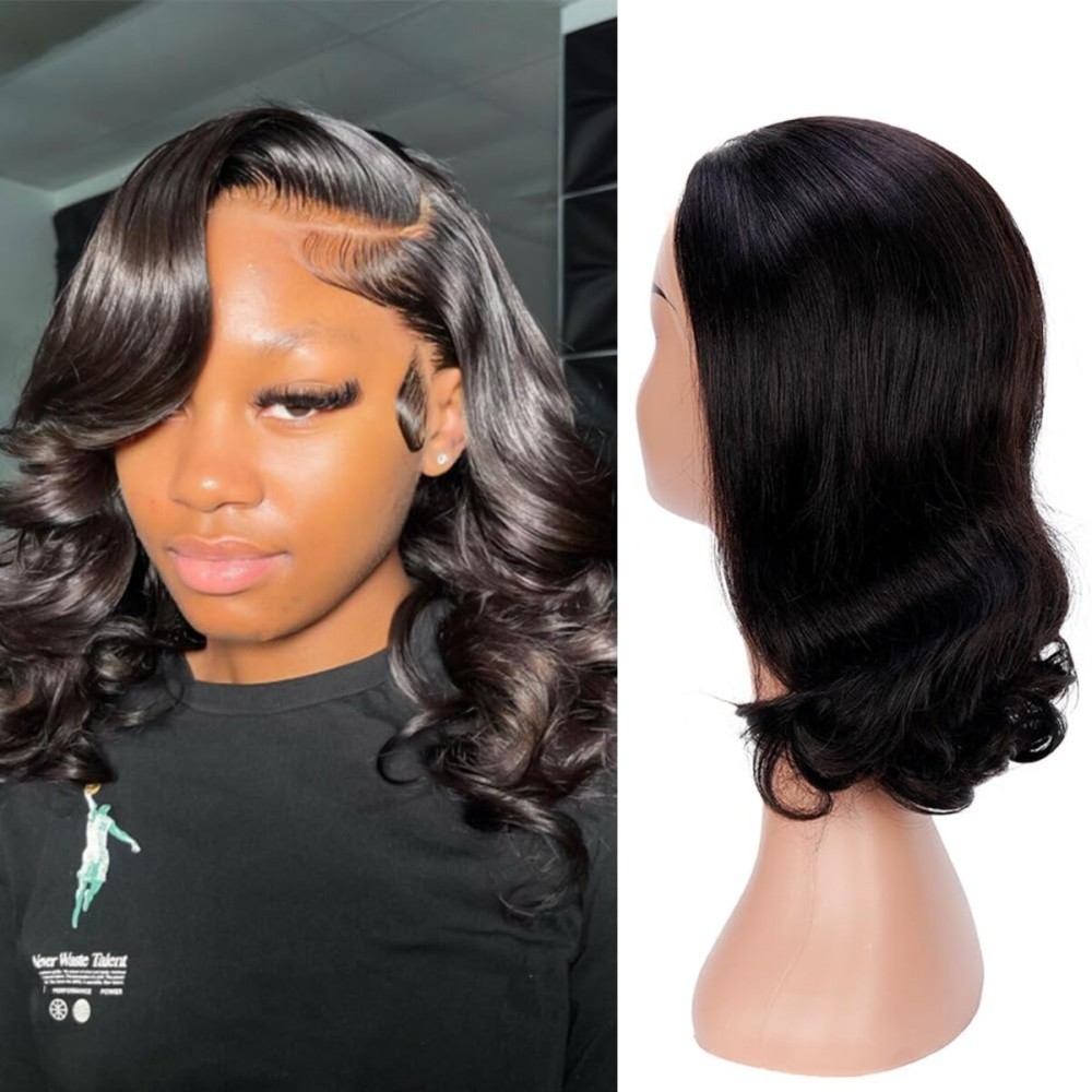 12 Inch Short Bob Wig Human Hair Body Wave 13x4 HD Lace Frontal Bob Wigs Human Hair Free Part 180% Density Loose Wavy Bob Lace Front Wigs Human Hair for Black Women Glueless Natural Black