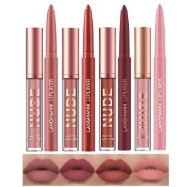 LANGMANNI 4pcs Matte Lipstick with Lipliners Durable Makeup Set,Long-Lasting Non-Stick Cup Not Fade Waterproof Pigmented Velvet Lipgloss Kit Beauty Cosmetics Makeup Gift for Girls(1+3+5+7)