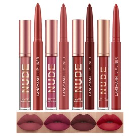 LANGMANNI 4pcs Matte Lipstick with Lipliners Durable Makeup Set,Long-Lasting Non-Stick Cup Not Fade Waterproof Pigmented Velvet Lipgloss Kit Beauty Cosmetics Makeup Gift for Girls(3+4+6+12)