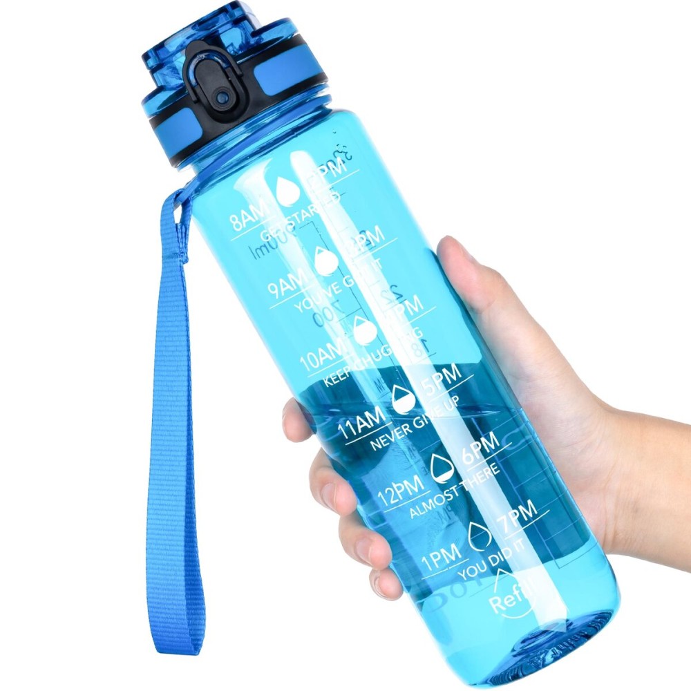 OLDLEY Water Bottle, 32oz Motivational Sports Water Bottle with Time Marker - Times to Drink - Tritan, BPA Free, Wide Mouth Leakproof, Glacial Blue (1 Bottle)