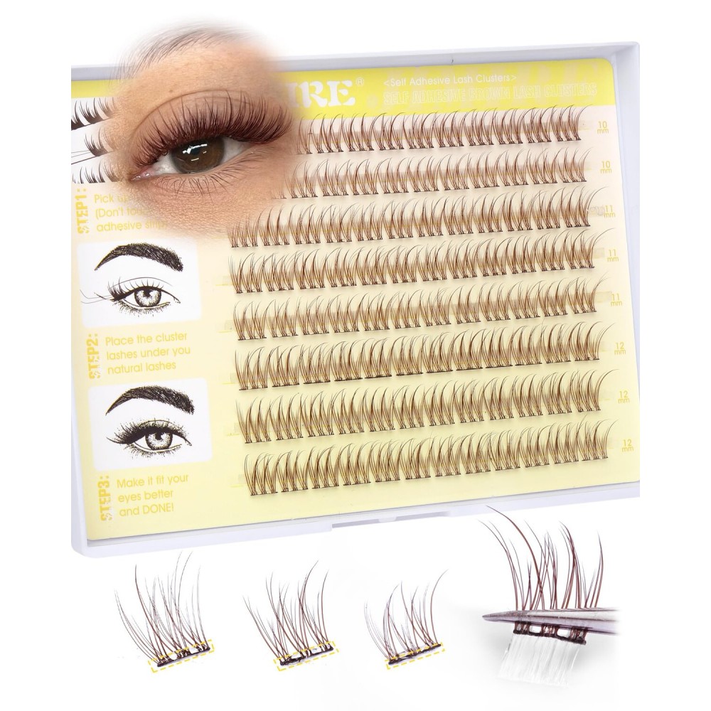 JIMIRE Brown Self-Adhesive Eyelashes Press on Lashes Clusters, Natural Look Pre-Glued Lash Clusters No Glue Needed Wispy 10-12MM Individual Lashes Brown Cluster Eyelash Extensions