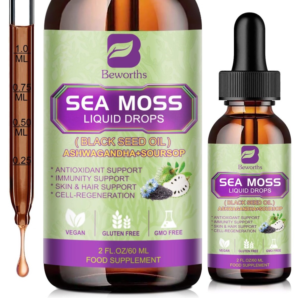 Sea Moss Liquid Drop - Black Seed Oil & Irish Sea Moss Gel with Ashwagandha, Soursop Bitters, Burdock Root, Bladderwrack, Elderberry, 6X Stronger Seamoss Supplment for Immune, Gut Health, Hair Support