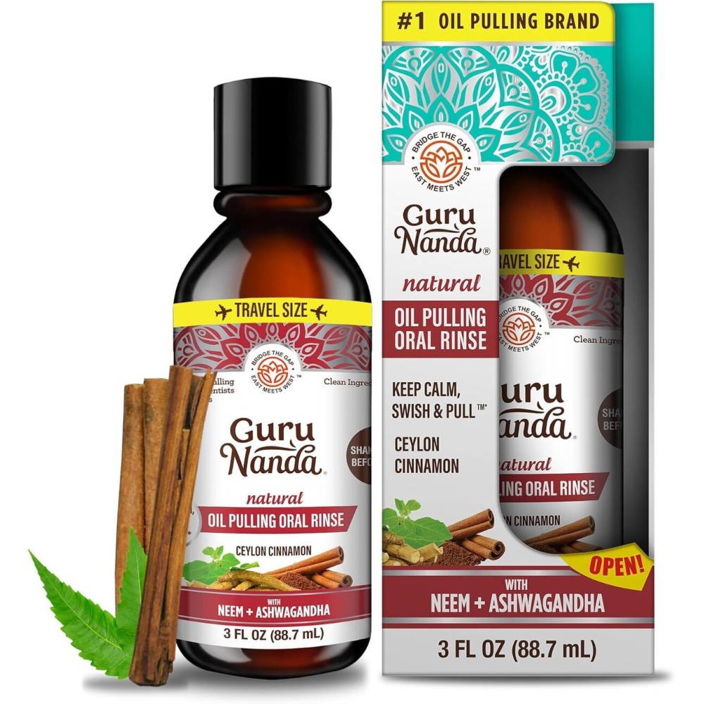 GuruNanda Cinnamon Oil Pulling Travel Sized Mouthwash, Promotes Calmness, with Neem & Ashwagandha for Fresh Breath & Happy Gums, Alcohol-Free, TSA-Friendly, 3 Oz
