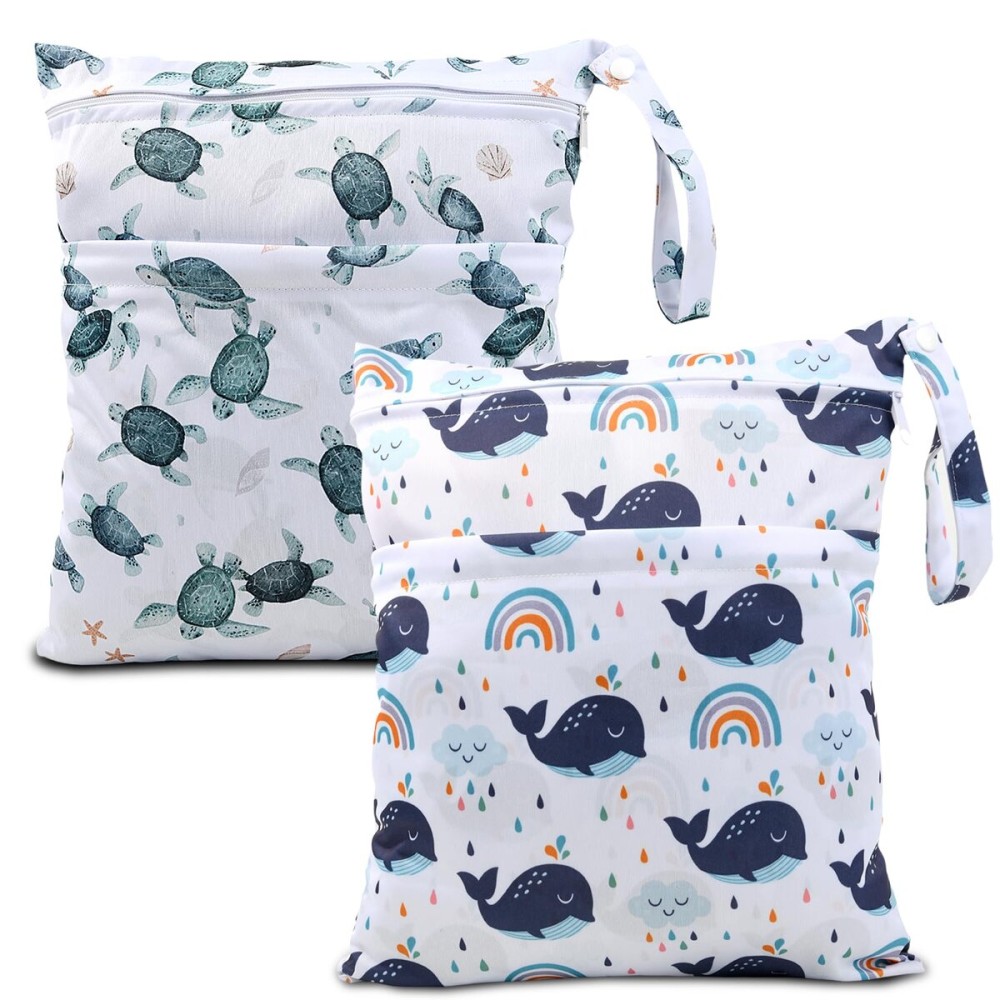 eaxin 2pcs Cloth Diaper Wet Dry Bags Waterproof Reusable with Two Zippered Pockets Travel Beach Pool Daycare Soiled Baby Items Yoga Gym Bag for Swimsuits or Wet Clothes-Dolphin