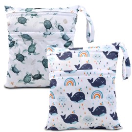 eaxin 2pcs Cloth Diaper Wet Dry Bags Waterproof Reusable with Two Zippered Pockets Travel Beach Pool Daycare Soiled Baby Items Yoga Gym Bag for Swimsuits or Wet Clothes-Dolphin