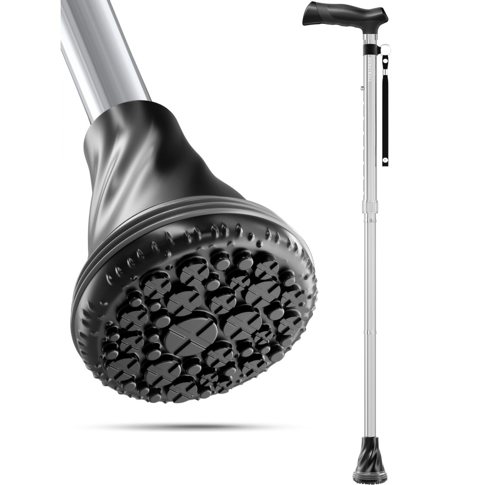 HONEYBULL Walking Cane for Men & Women - Foldable, Adjustable, Lightweight Cane with Air Cushion Tip for Stability & Ergonomic Grip, Heavy Duty Walking Sticks for Seniors (Silver)