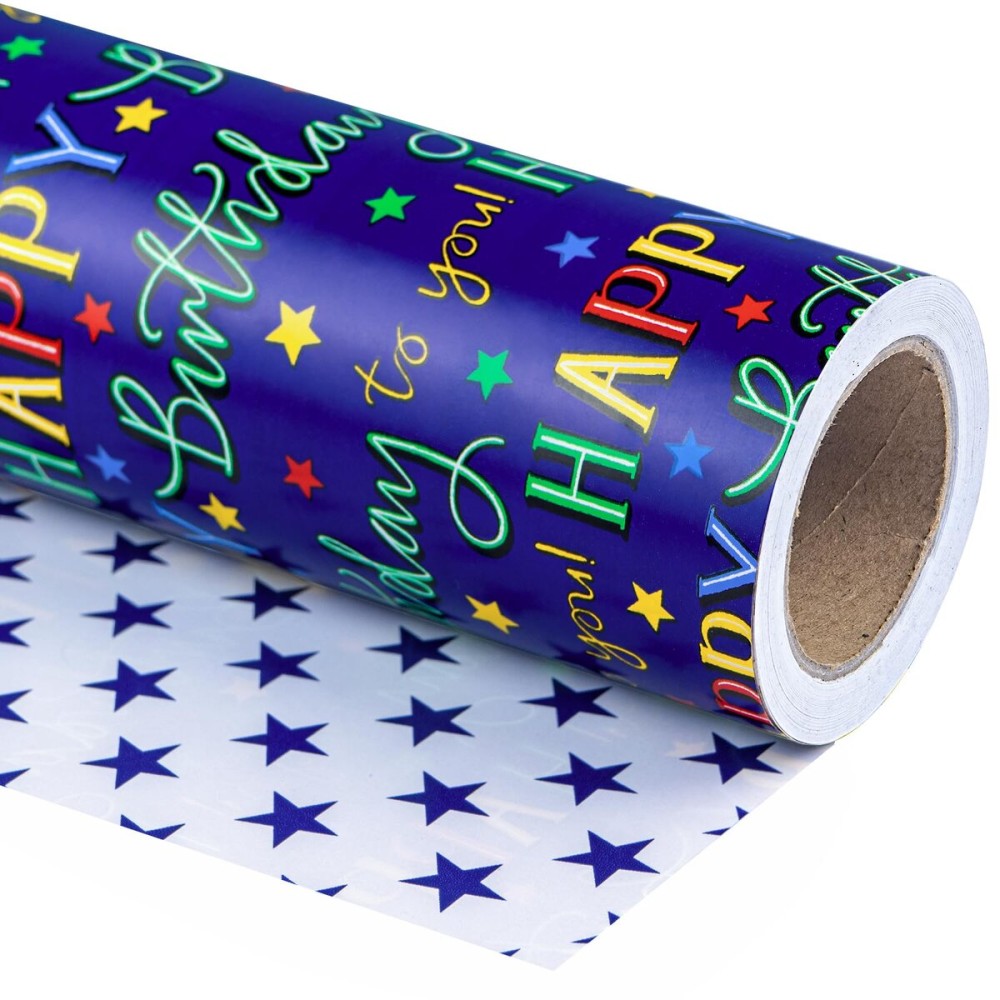 WRAPAHOLIC Jumbo Reversible Birthday Wrapping Paper - 30 Inch x 100 Feet Jumbo Roll - Colorful Happy Birthday Lettering and Stars Design for Bday Party, Baby Shower, Holiday