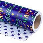 WRAPAHOLIC Jumbo Reversible Birthday Wrapping Paper - 30 Inch x 100 Feet Jumbo Roll - Colorful Happy Birthday Lettering and Stars Design for Bday Party, Baby Shower, Holiday