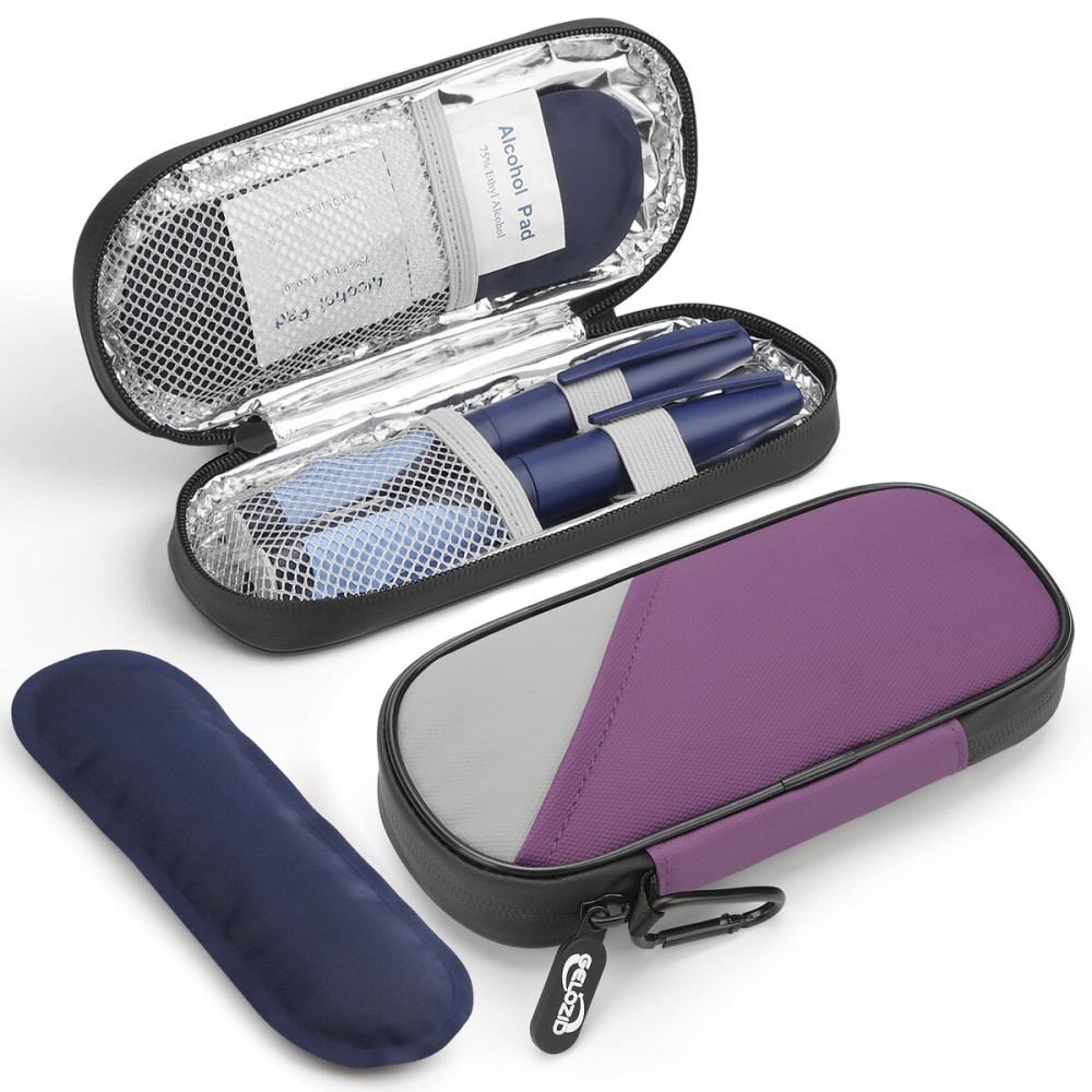 Gelozid Insulin Travel Case Diabetic with 2 Reusable Ice Packs for Insulin Pen and Other Diabetic Supplies, Insulin Cooler Travel Case for The Daily Life and Trip, Purple with Gray