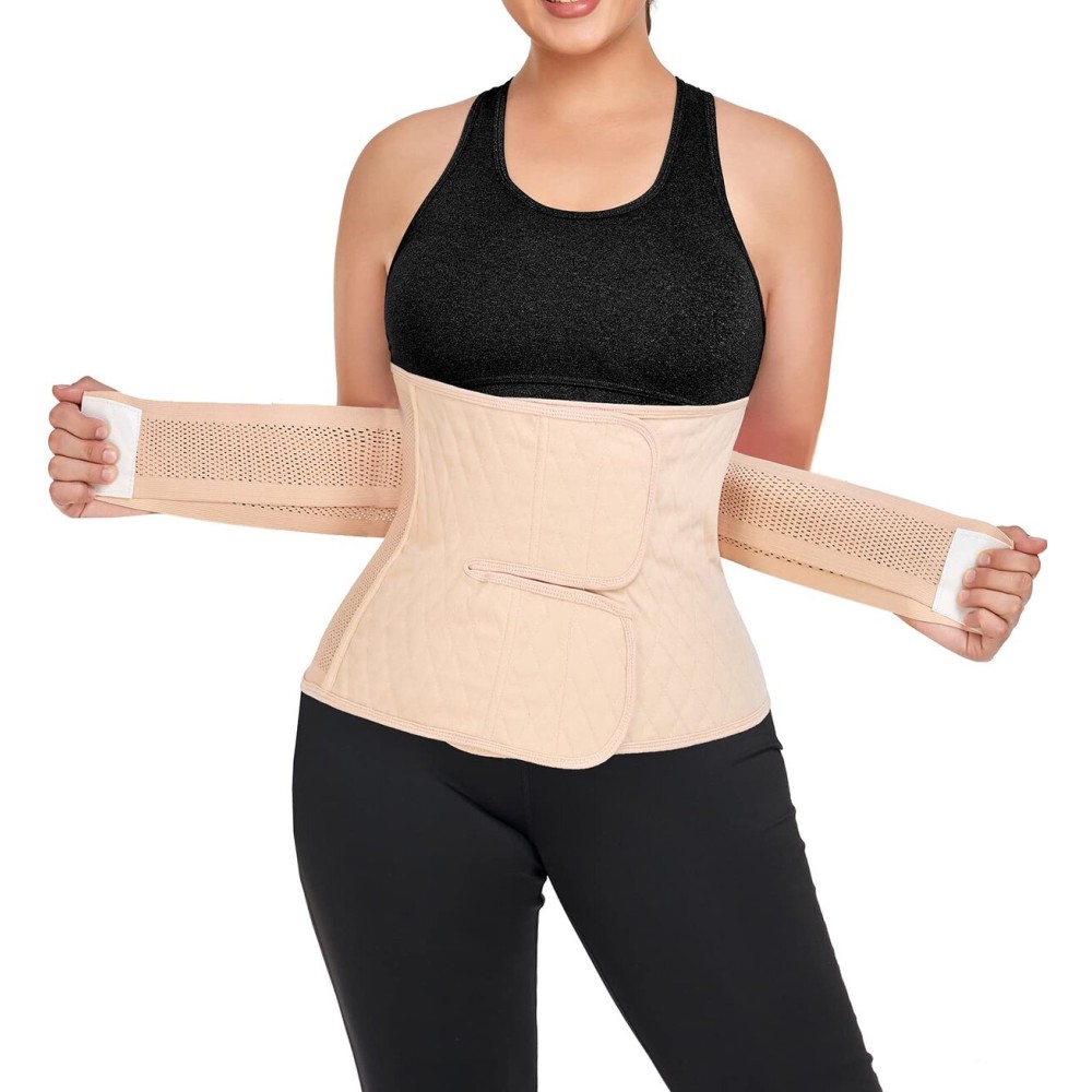 QEESMEI Postpartum Belly Band Abdominal Binder Post Surgery C-section Belly Binder Wrap Girdle Recovery Belt Back Support (Nude, Large)