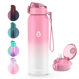 WEMEET 18/10 Stainless Steel Sport Water Bottle with Removable Straw, BPA-Free, 24oz Double Walled Vacuum Insulated Bottle, for Sports, Gym, Travel, School(PINK WHITE)