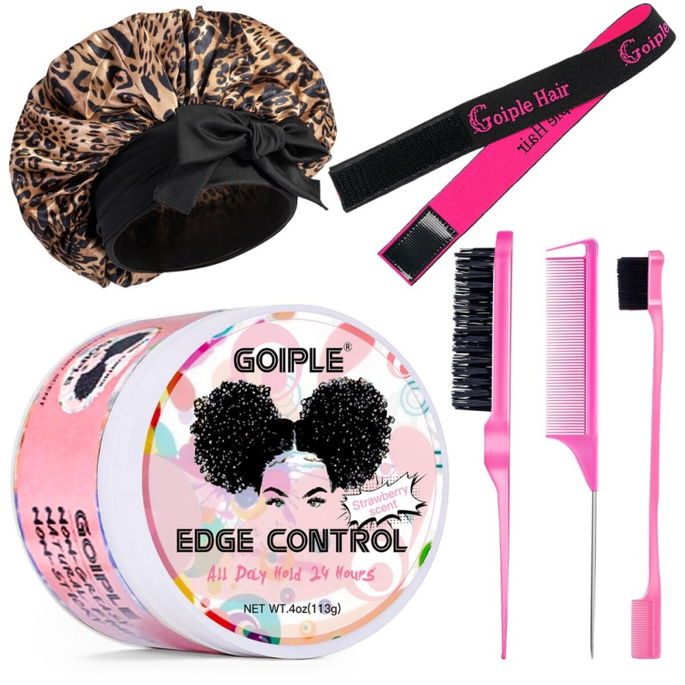 Goiple Edge Control Wax for Women Strong Hold Non-greasy Edge Smoother Strawberry Scent Edge Control Wax + Edge Scarf + Hair Bonnet, Pink