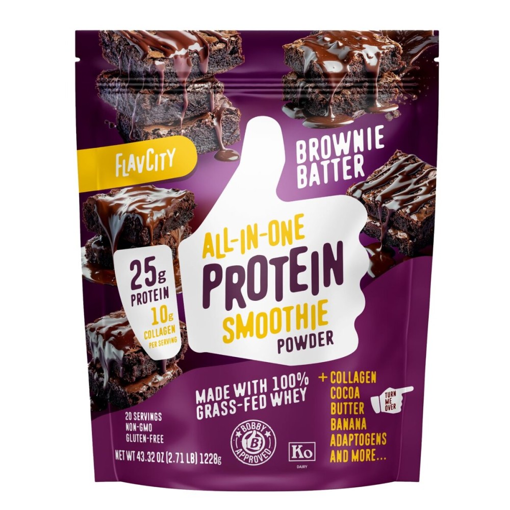 FlavCity Grass Fed Whey Chocolate Protein Powder - Brownie Batter - 25g Protein & 10g Collagen - Made with Organic Cocoa & Coconut Milk - Gluten Free & No Added Sugars (20 Servings)