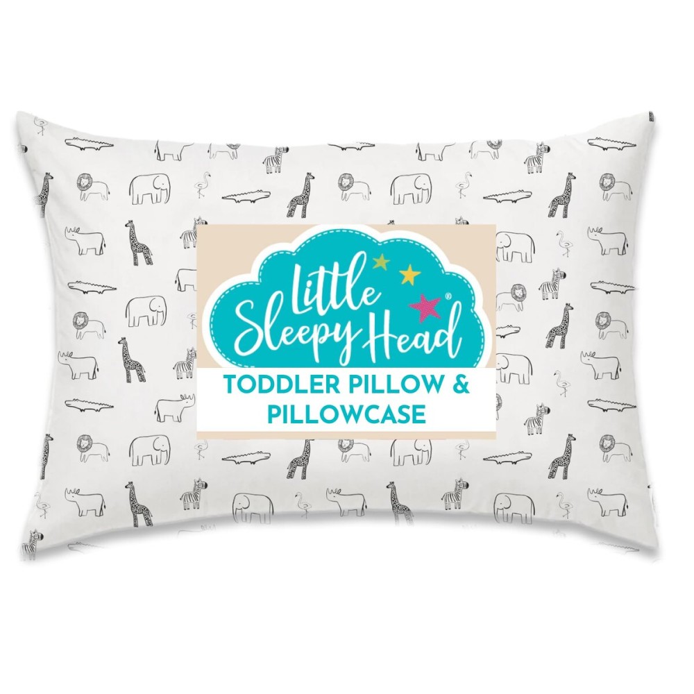 Little Sleepy Head Toddler Pillow with Pillowcase 13x18 - Kids Pillow for Sleeping - Better Neck Support Ergonomic Pillow and Toddler Pillowcase - Best Pillows for Kids (Animal Adventure)