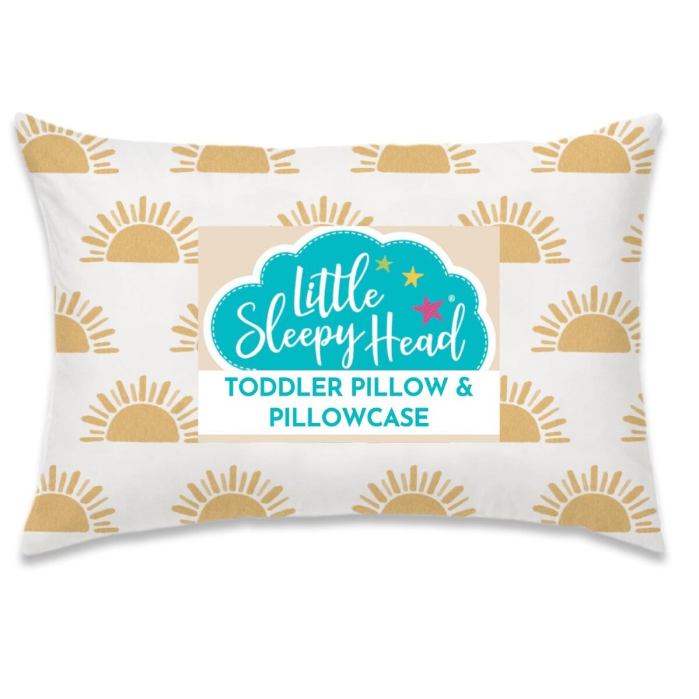 Little Sleepy Head Toddler Pillow with Pillowcase 13x18 - Kids Pillow for Sleeping - Better Neck Support Ergonomic Pillow and Toddler Pillowcase - Best Pillows for Kids (Sunshines)