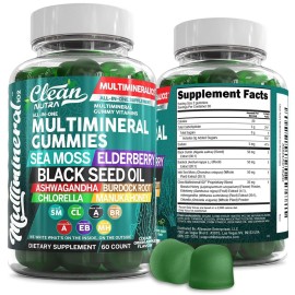 Sea Moss Gummies | Clinically Tested - Black Seed Oil Ashwagandha Elderberry Burdock Root Chlorella Manuka Honey - Vegan Irish Sea Moss Gummy Vitamins for Adults Kids Men Women - Green Apple Flavor