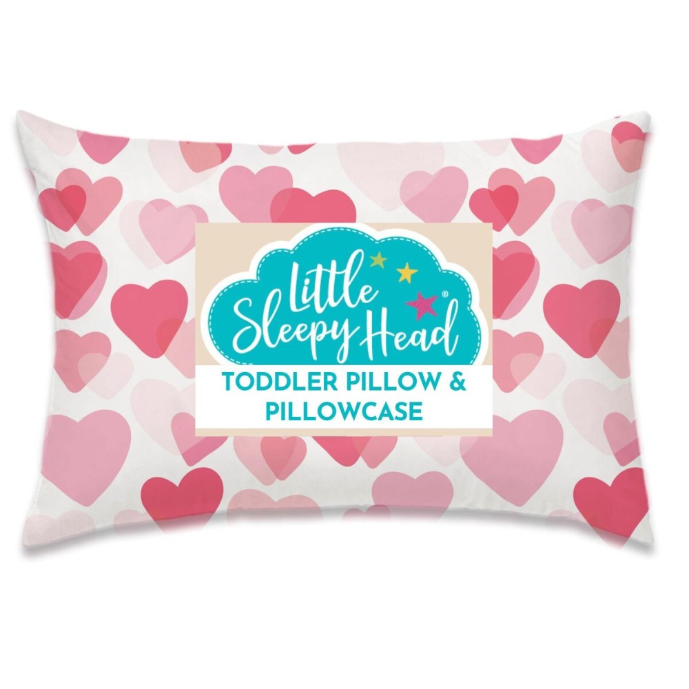 Little Sleepy Head Toddler Pillow with Pillowcase 13x18 - Kids Pillow for Sleeping - Better Neck Support Ergonomic Pillow and Toddler Pillowcase - Best Pillows for Kids (Hearts Pink)